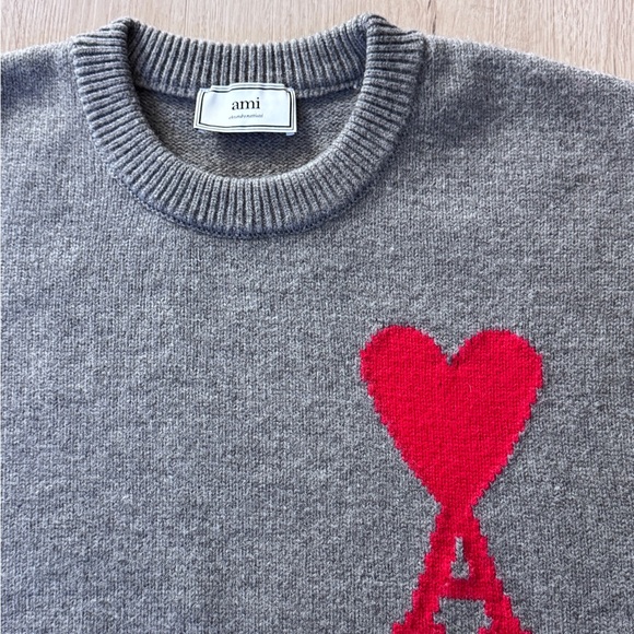 AMI Paris De Coeur Red Heart Intarsia Wool Sweater Grey Oversized Medium Unisex - Picture 4 of 15